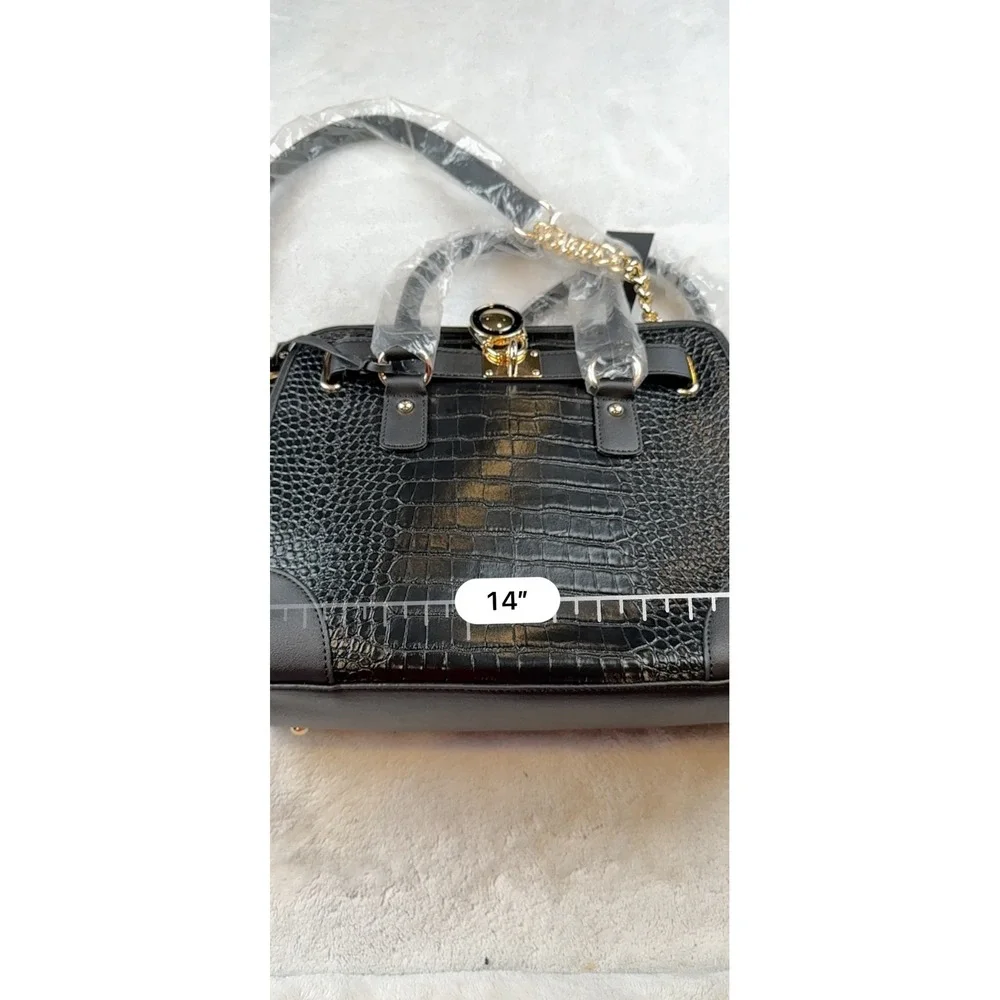 Dasein Black Croc Embossed Satchel Handbag Gold Accent‎ Chain Strap New